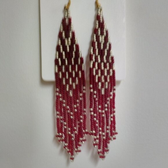 Handcrafted Traditional Beaded Fringe Earrings, Burgundy and Gold - Picture 2 of 6